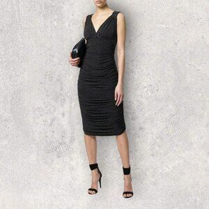 Norma Kamali Womens Dress Size Large Sleeveless V Neck Ruched Gray Black Bodycon